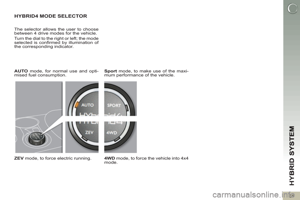 Peugeot 3008 Hybrid 4 2013  Owners Manual - RHD (UK. Australia) HY
B
31
HYBRID4 MODE SELECTOR
   
The selector allows the user to choose 
between 4 drive modes for the vehicle. 
  Turn the dial to the right or left; the mode 
selected is conﬁ rmed by illuminatio