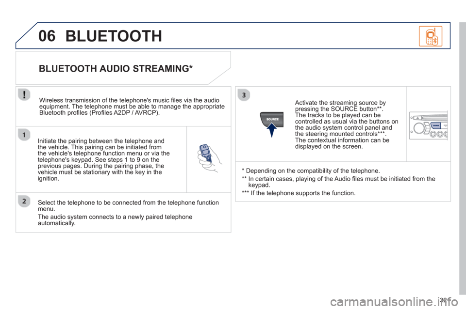 Peugeot 3008 Hybrid 4 2013 Owners Manual - RHD (UK. Australia) 321
06
Initiate the pairing between the telephone and
the vehicle. This pairing can be initiated from
the vehicles telephone function menu or via the
telephones ke
ypad. See steps 1 to 9 on th Peugeot 3008 Hybrid 4 2013 Owners Manual - RHD (UK. Australia) 321
06
Initiate the pairing between the telephone and
the vehicle. This pairing can be initiated from
the vehicles telephone function menu or via the
telephones ke
ypad. See steps 1 to 9 on th