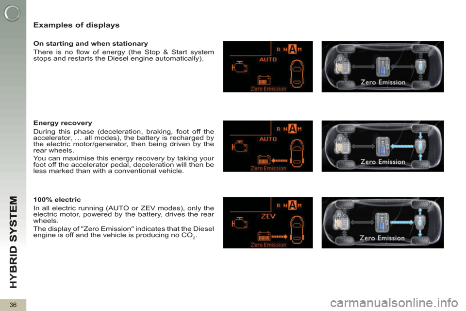 Peugeot 3008 Hybrid 4 2013  Owners Manual - RHD (UK. Australia) HY
B
36
   
Examples of displays
 
 
On starting and when stationary 
  There is no ﬂ ow of energy (the Stop & Start system 
stops and restarts the Diesel engine automatically).  
   
Energy recover