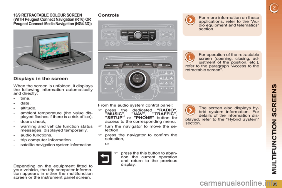 Peugeot 3008 Hybrid 4 2013  Owners Manual - RHD (UK. Australia) M
U
65
16/9 RETRACTABLE COLOUR SCREEN(WITHPeugeot Connect Navigation (RT6) ORPeugeot Connect Media Navigation (NG4 3D)) 
Displays in the screen 
  When the screen is unfolded, it displays 
the followi