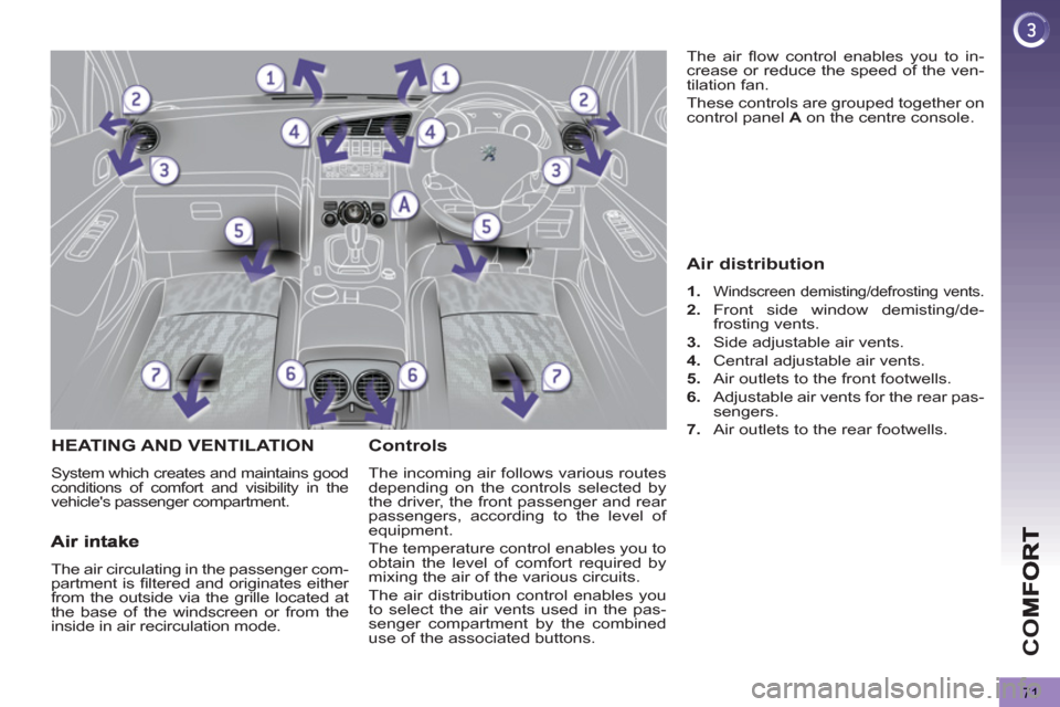 Peugeot 3008 Hybrid 4 2013 Owners Manual - RHD (UK. Australia) CO
71
HEATING AND VENTILATION
System which creates and maintains good
conditions of comfort and visibility in the
vehicles passenger compartment.
Controls
The incoming air follows various Peugeot 3008 Hybrid 4 2013 Owners Manual - RHD (UK. Australia) CO
71
HEATING AND VENTILATION
System which creates and maintains good
conditions of comfort and visibility in the
vehicles passenger compartment.
Controls
The incoming air follows various