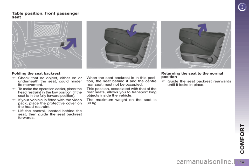 Peugeot 3008 Hybrid 4 2013  Owners Manual - RHD (UK. Australia) CO
79
   
Folding the seat backrest 
   
 
�) 
  Check that no object, either on or 
underneath the seat, could hinder 
its movement. 
   
�) 
 
To make the operation easier, place the 
head restraint
