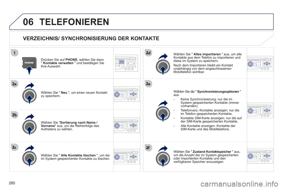 Peugeot 3008 Hybrid 4 2013  Betriebsanleitung (in German) 280
06TELEFONIEREN
   VERZEICHNIS/ SYNCHRONISIERUNG DER KONTAKTE
 
 
Drücken Sie auf PHONE 
, wählen Sie dann 
"  Kontakte verwalten 
 " und bestätigen Sie Ihre Auswahl.  
   
Wählen Sie " 
Neu 
 