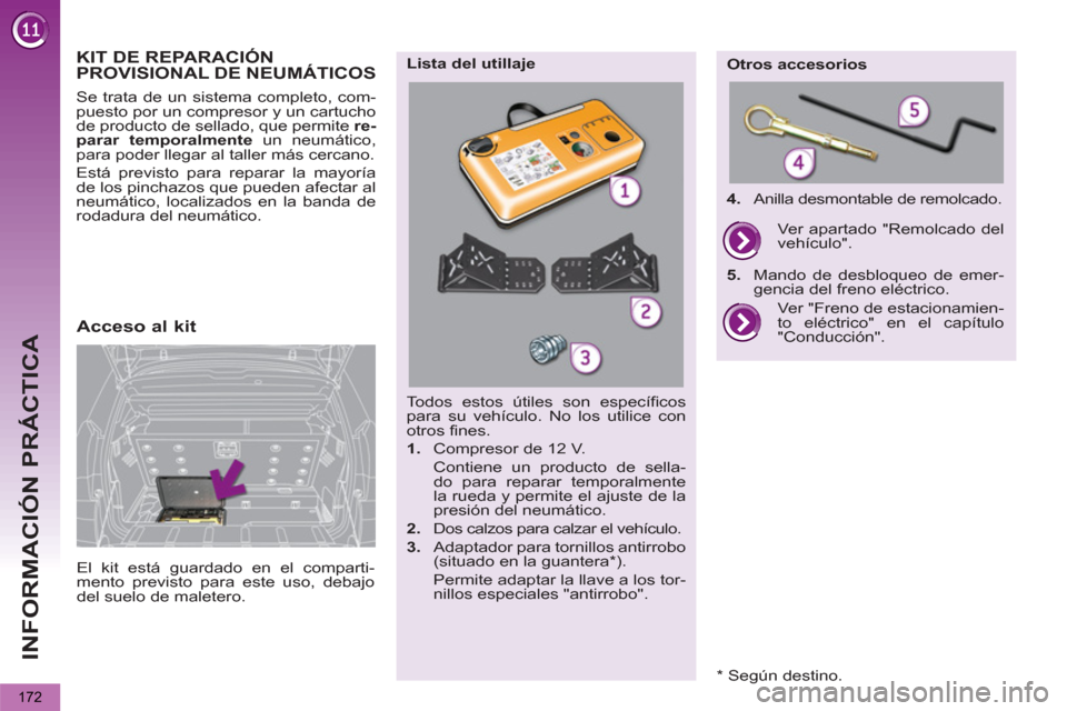 Peugeot 3008 Hybrid 4 2013  Manual del propietario (in Spanish) INFORMACIÓN PRÁCTICA
172
  Todos estos útiles son específicos 
para su vehículo. No los utilice con 
otros fines. 
   
 
1. 
  Compresor de 12 V.  
  Contiene un producto de sella-
do para repara