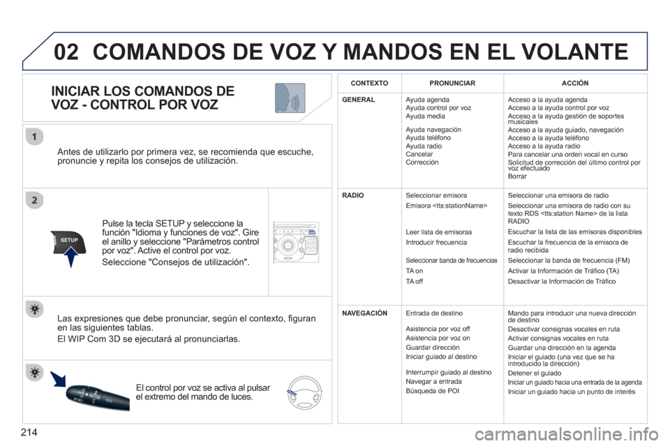 Peugeot 3008 Hybrid 4 2013  Manual del propietario (in Spanish) 214
02
SETUP2ABC3DEF5JKL4GHI6MNO8TUV7PQRS9WXYZ0*#
1NAV TRAFFICADDR
BOOKSETUP
   Antes de utilizarlo por primera vez, se recomienda que escuche,pronuncie y repita los consejos de utilización.  
Pulse 