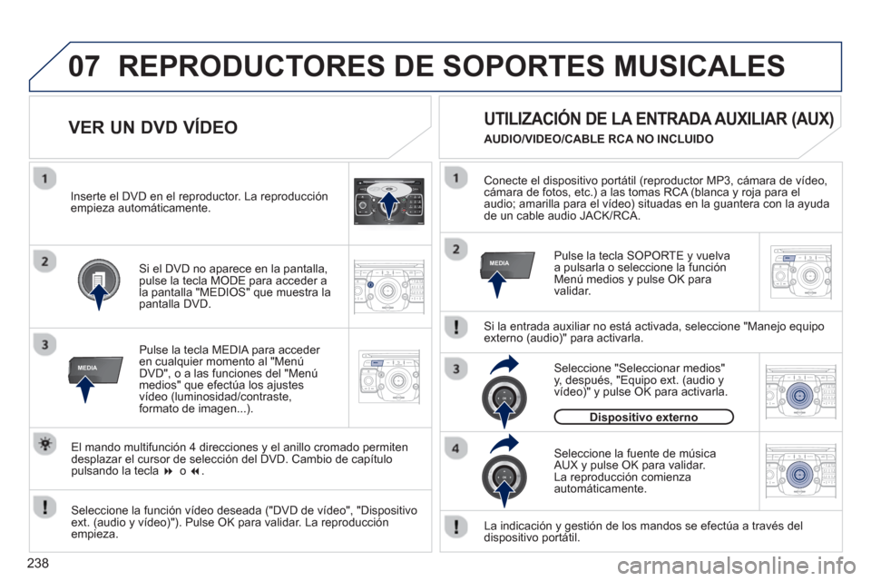 Peugeot 3008 Hybrid 4 2013  Manual del propietario (in Spanish) 238
07
MEDIA
2ABC3DEF5JKL4GHI6MNO8TUV7PQRS9WXYZ0*#
1RADIO MEDIANAV ESC TRAFFIC
SETUPADDR
BOOK
MEDIA
2ABC3DEF5JKL4GHI6MNO8TUV7PQRS9WXYZ0*#
1RADIO MEDIANAV TRAFFIC
SETUPADDR
BOOK
2ABC3DEF5JKL4GHI6MNO8TU