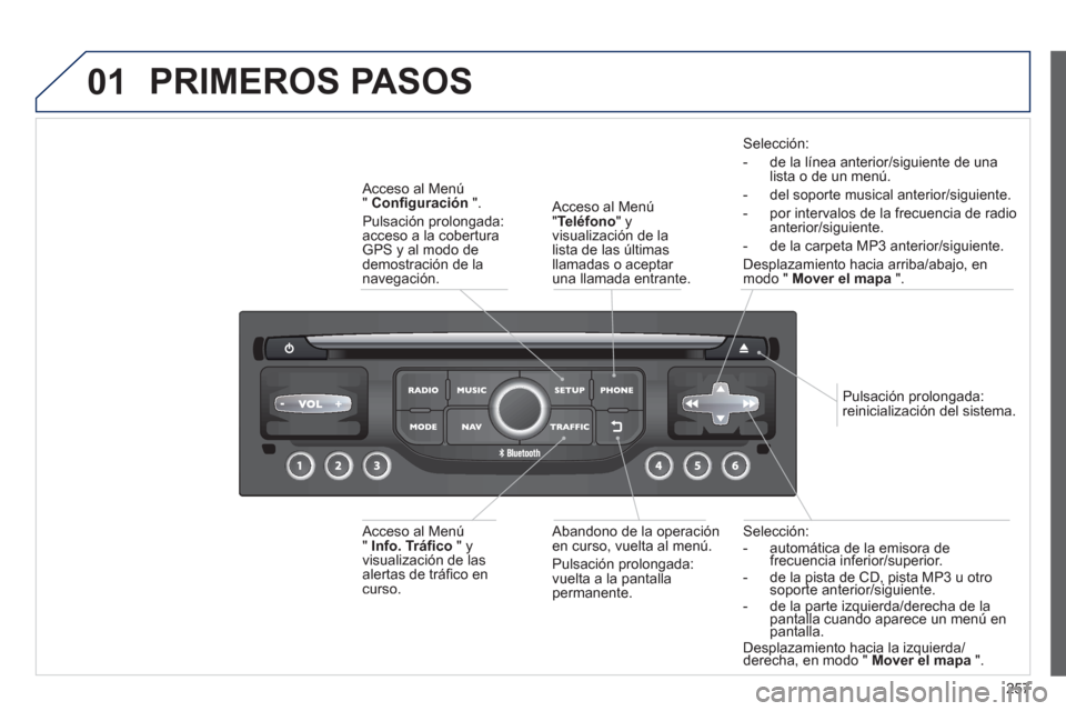 Peugeot 3008 Hybrid 4 2013 Manual del propietario (in Spanish) 257
01
Selección:
- automática de la emisora de frecuencia inferior/superior. - de la pista de CD, pista MP3 u otro soporte anterior/siguiente.pppp
- de la parte izquierda/derecha de la pantal Peugeot 3008 Hybrid 4 2013 Manual del propietario (in Spanish) 257
01
Selección:
- automática de la emisora de frecuencia inferior/superior. - de la pista de CD, pista MP3 u otro soporte anterior/siguiente.pppp
- de la parte izquierda/derecha de la pantal