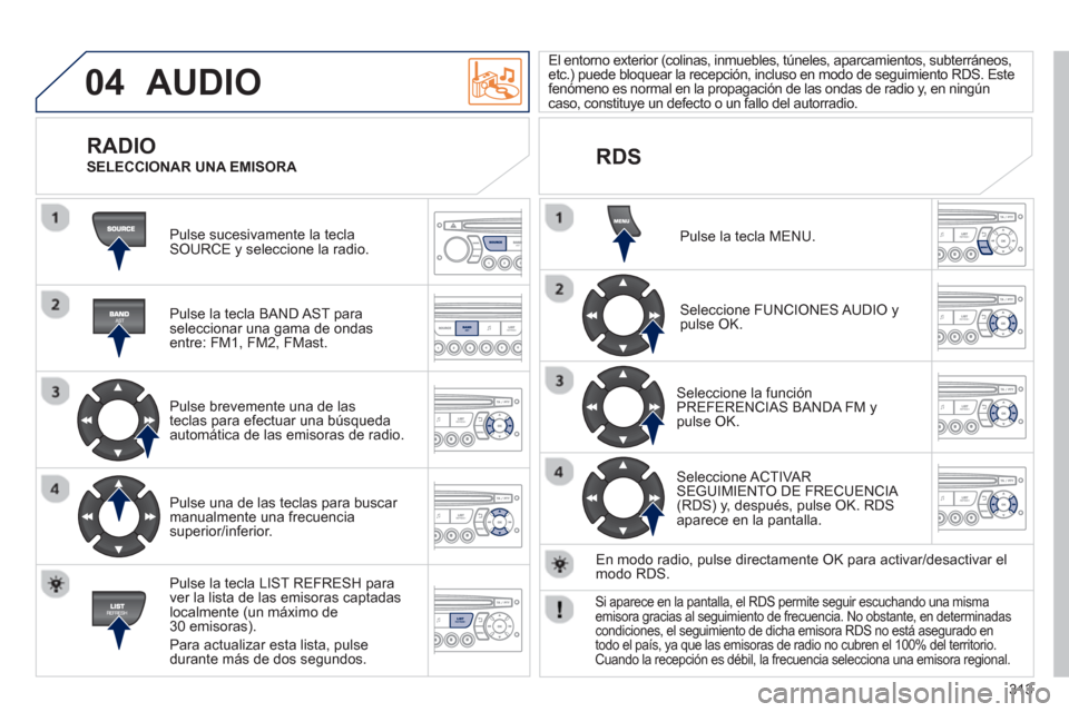 Peugeot 3008 Hybrid 4 2013  Manual del propietario (in Spanish) 313
04  AUDIO 
 Pulse sucesivamente la tecla SOURCE y seleccione la radio.  
   
Pulse la tecla BAND A
ST paraseleccionar una gama de ondasentre: FM1, FM2, FMast.  
   
Pulse brevemente una de las 
te