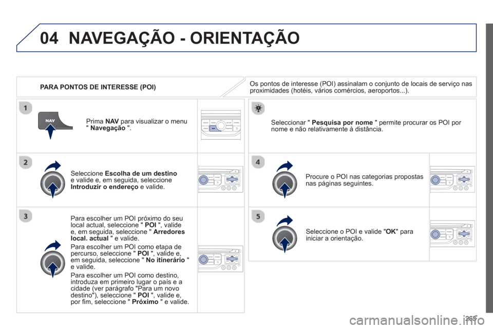 Peugeot 3008 Hybrid 4 2013  Manual do proprietário (in Portuguese) 265
04
   
 
PARA PONTOS DE INTERESSE (POI)
NAVEGAÇÃO - ORIENTAÇÃO
Os pontos de interesse (POI) assinalam o conjunto de locais de serviço nasproximidades (hotéis, vários comércios, aeroportos.