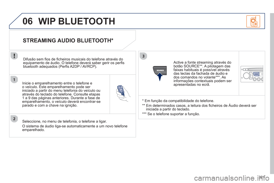 Peugeot 3008 Hybrid 4 2013  Manual do proprietário (in Portuguese) 321
06
   
Inicie o emparelhamento entre o telefone eo veículo. Este emparelhamento pode ser 
iniciado a partir do menu telefonia do veículo ou 
através do teclado do tele
fone. Consulte etapas
1 a