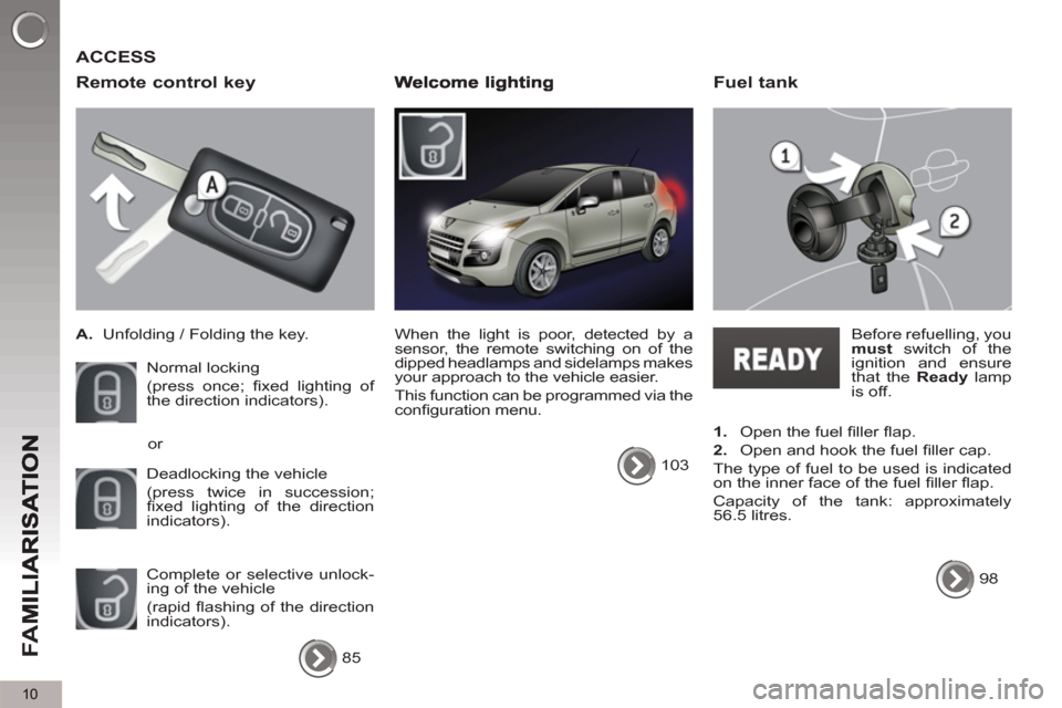 Peugeot 3008 Hybrid 4 2012  Owners Manual - RHD (UK. Australia) 10
FA
M
  ACCESS
   
Remote control ke
y
 
 
 
 
A. 
  Unfolding / Folding the key.  
  Normal locking  
(press once; ﬁ xed lighting of 
the direction indicators). 
  Deadlocking the vehicle  
(pres