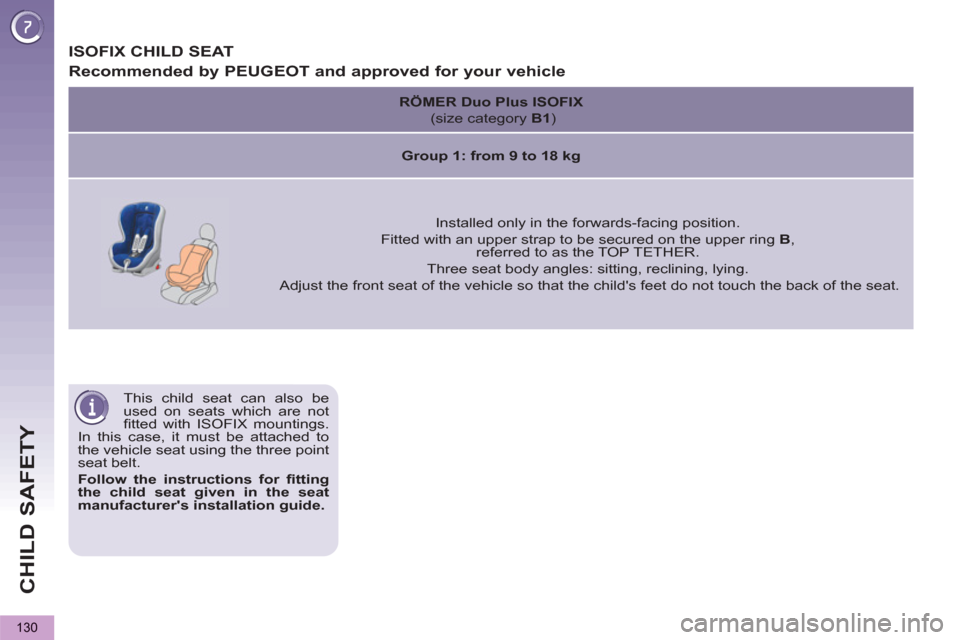 Peugeot 3008 Hybrid 4 2012  Owners Manual - RHD (UK. Australia) CHILD SAFETY
130
   
This child seat can also be 
used on seats which are not 
ﬁ tted with ISOFIX mountings. 
In this case, it must be attached to 
the vehicle seat using the three point 
seat belt.