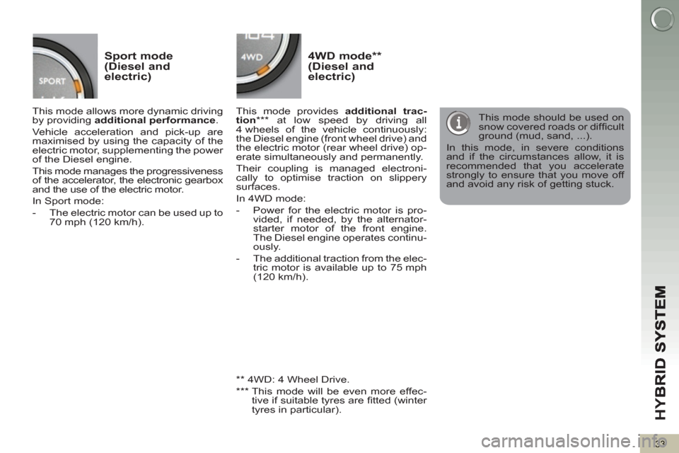 Peugeot 3008 Hybrid 4 2012 Owners Manual - RHD (UK. Australia) HY
B
33
Sport mode (Diesel and electric)
4WD mode ** (Diesel and
electric)
This mode allows more dynamic driving
by providing additional performance
.
Vehicle acceleration and pic Peugeot 3008 Hybrid 4 2012 Owners Manual - RHD (UK. Australia) HY
B
33
Sport mode (Diesel and electric)
4WD mode ** (Diesel and
electric)
This mode allows more dynamic driving
by providing additional performance
.
Vehicle acceleration and pic