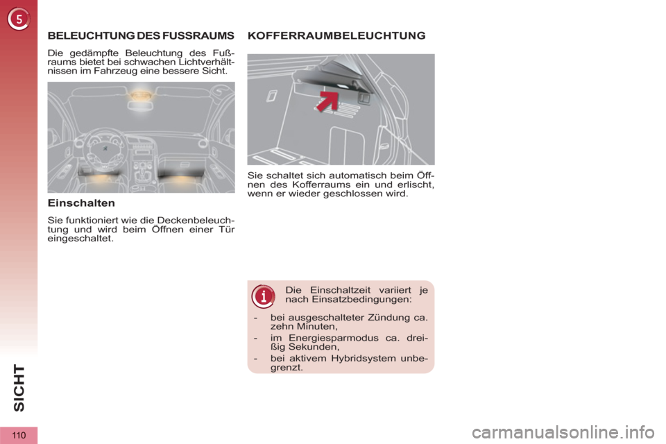 Peugeot 3008 Hybrid 4 2012  Betriebsanleitung (in German) SI
C
110
   
 
 
 
 
Die Einschaltzeit variiert je 
nach Einsatzbedingungen:    Sie schaltet sich automatisch beim Öff-
nen des Kofferraums ein und erlischt, 
wenn er wieder geschlossen wird. 
KOFFER