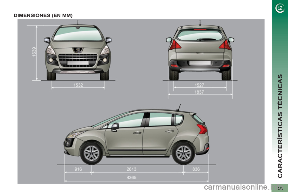 Peugeot 3008 Hybrid 4 2012  Manual del propietario (in Spanish) CARACTERÍSTICAS TÉCNICAS
203
DIMENSIONES (EN MM) 