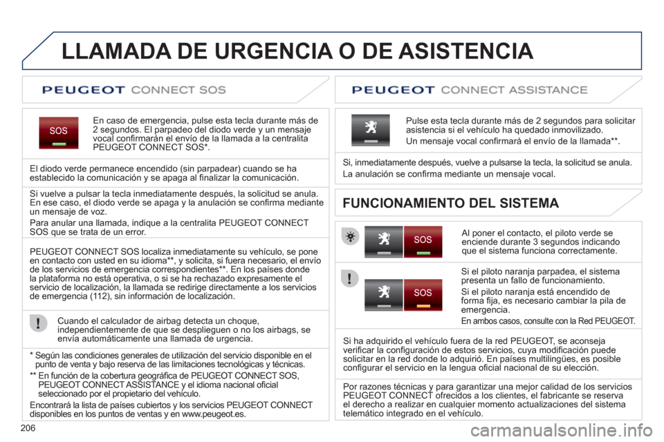 Peugeot 3008 Hybrid 4 2012  Manual del propietario (in Spanish) 206
LLAMADA DE URGENCIA O DE ASISTENCIA   
En caso de emergencia, pulse esta tecla durante más de2 segundos. El parpadeo del diodo verde y un mensaje
vocal conﬁ rmar·n el envÌo de la llamada a la