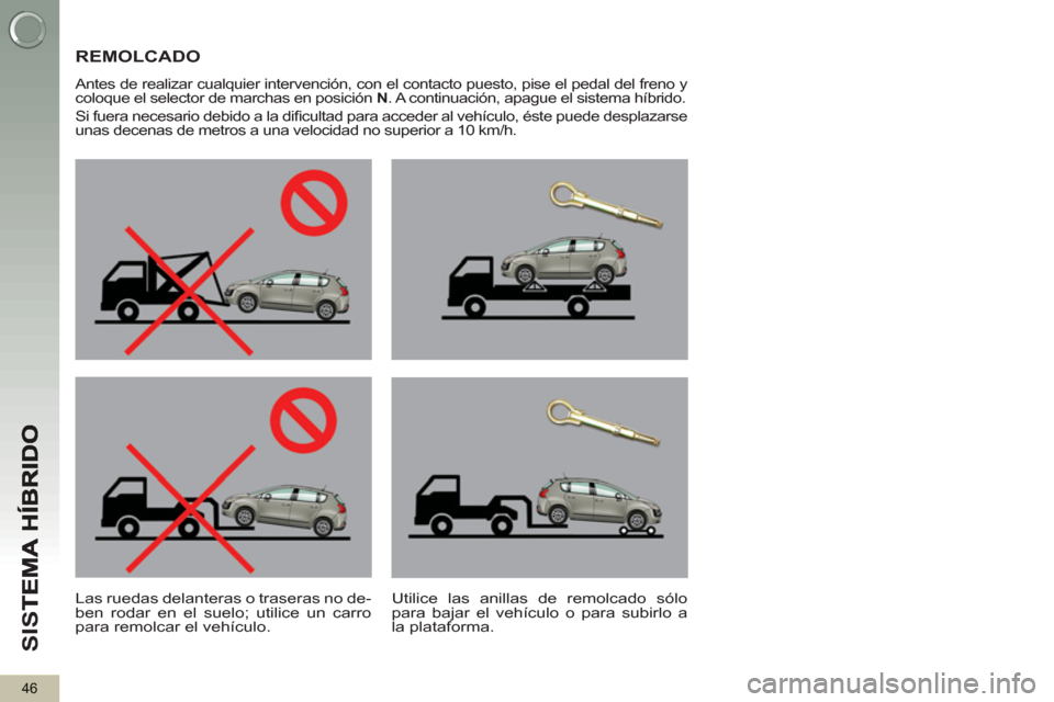 Peugeot 3008 Hybrid 4 2012  Manual del propietario (in Spanish) SI
S
46
REMOLCADO  
 
 
Antes de realizar cualquier intervención, con el contacto puesto, pise el pedal del freno y 
coloque el selector de marchas en posición  N 
. A continuación, apague el siste