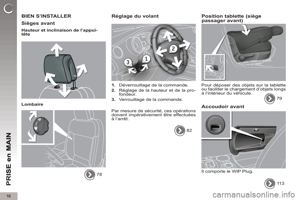 Peugeot 3008 Hybrid 4 2012  Manuel du propriétaire (in French) 16
PR
I
  BIEN S’INSTALLER 
   
Siè
ges avant 
 
 
Hauteur et inclinaison de l’appui-
tête  
   
Lombaire 
  78  
 
Réglage du volant
 
 
 
1. 
  Déverrouillage de la commande. 
   
2. 
  Rég