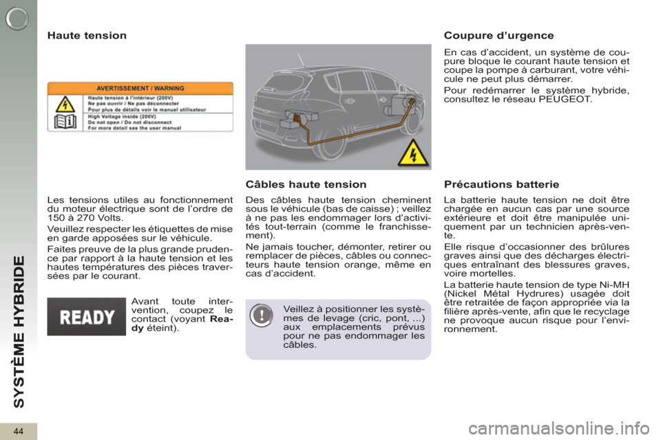 Peugeot 3008 Hybrid 4 2012 Manuel du propriétaire (in French) SY
S
44
La batterie haute tension ne doit être
chargée en aucun cas par une source
extérieure et doit être manipulée uni-
quement par un technicien après-ven-
te.
Elle risque d’occasi Peugeot 3008 Hybrid 4 2012 Manuel du propriétaire (in French) SY
S
44
La batterie haute tension ne doit être
chargée en aucun cas par une source
extérieure et doit être manipulée uni-
quement par un technicien après-ven-
te.
Elle risque d’occasi