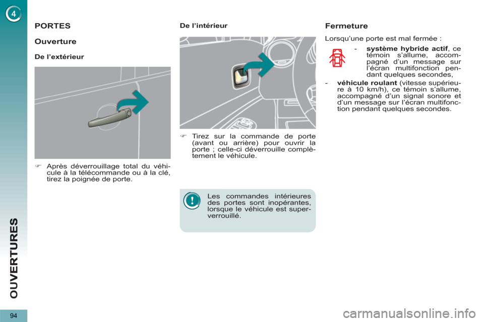 Peugeot 3008 Hybrid 4 2012  Manuel du propriétaire (in French) OU
V
94
PORTES 
   
 
�) 
  Après déverrouillage total du véhi-
cule à la télécommande ou à la clé, 
tirez la poignée de porte.  
 
    
 
De l’intérieur 
   
 
�) 
 Tirez sur la commande 