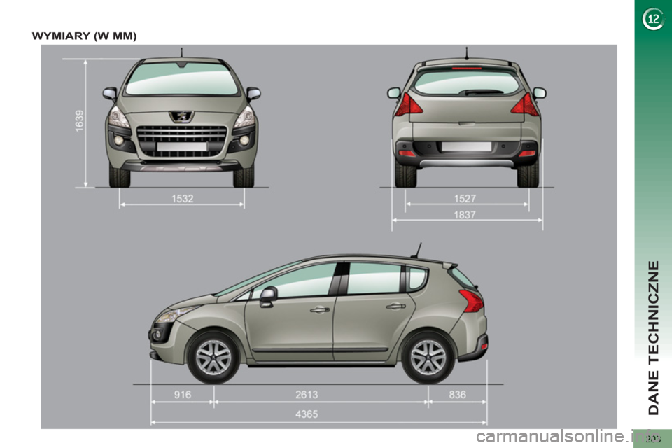 Peugeot 3008 Hybrid 4 2012  Instrukcja Obsługi (in Polish) DANE TECHNICZNE
203
WYMIARY (W MM)  