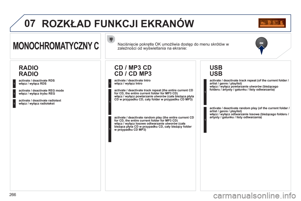 Peugeot 3008 Hybrid 4 2012 Instrukcja Obsługi (in Polish) 266
07
Naciśnięcie pokrętła OK umożliwia dostęp do menu skrótów w
zależności od wyświetlania na ekranie: MONOCHROMATYCZNY C
włącz / wyłącz RDS
włącz / wyłącz trybu REG
włącz / w Peugeot 3008 Hybrid 4 2012 Instrukcja Obsługi (in Polish) 266
07
Naciśnięcie pokrętła OK umożliwia dostęp do menu skrótów w
zależności od wyświetlania na ekranie: MONOCHROMATYCZNY C
włącz / wyłącz RDS
włącz / wyłącz trybu REG
włącz / w
