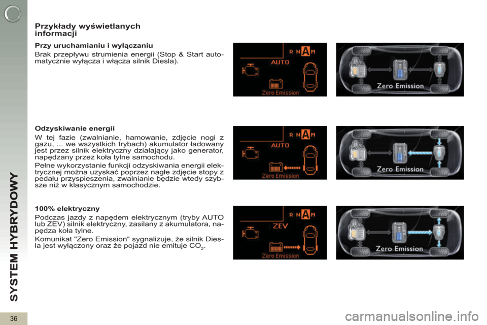 Peugeot 3008 Hybrid 4 2012  Instrukcja Obsługi (in Polish) SY
S
36
   
Przykłady wyświetlanych informacji 
 
 
Przy uruchamianiu i wyłączaniu 
  Brak przepływu strumienia energii (Stop & Start auto-
matycznie wyłącza i włącza silnik Diesla).  
   
Od