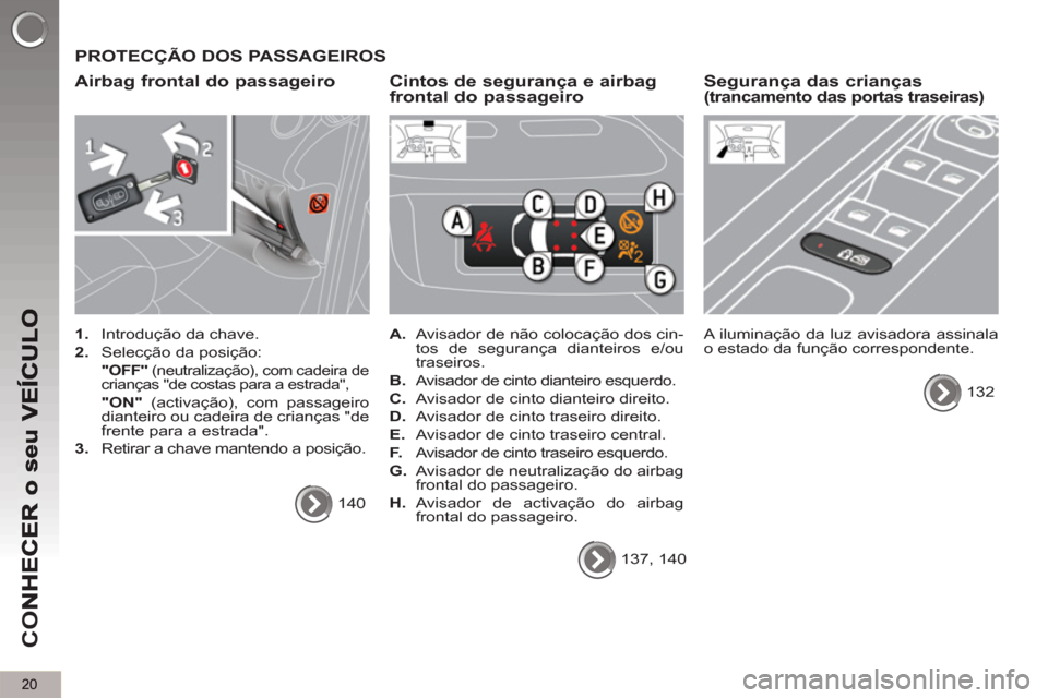 Peugeot 3008 Hybrid 4 2012  Manual do proprietário (in Portuguese) 20
CO
  PROTECÇÃO DOS PASSAGEIROS
   
Airba
g frontal do passageiro
 
 
 
1. 
  Introdução da chave. 
   
2. 
  Selecção da posição:  
 
  "OFF" 
 (neutralização), com cadeira de 
crianças 