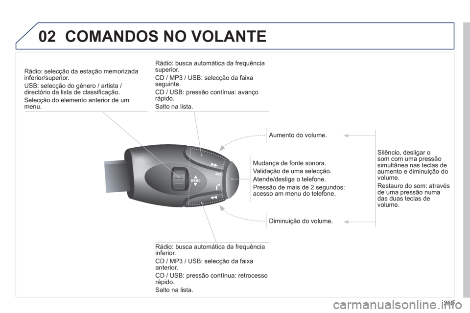 Peugeot 3008 Hybrid 4 2012  Manual do proprietário (in Portuguese) 255
02COMANDOS NO VOLANTE
Rádio: selecção da estação memorizadainferior/superior.
USB: selecção do género / artista / 
directório da lista de classi
ﬁ caÁ„o. 
SelecÁ„o do elemento ant