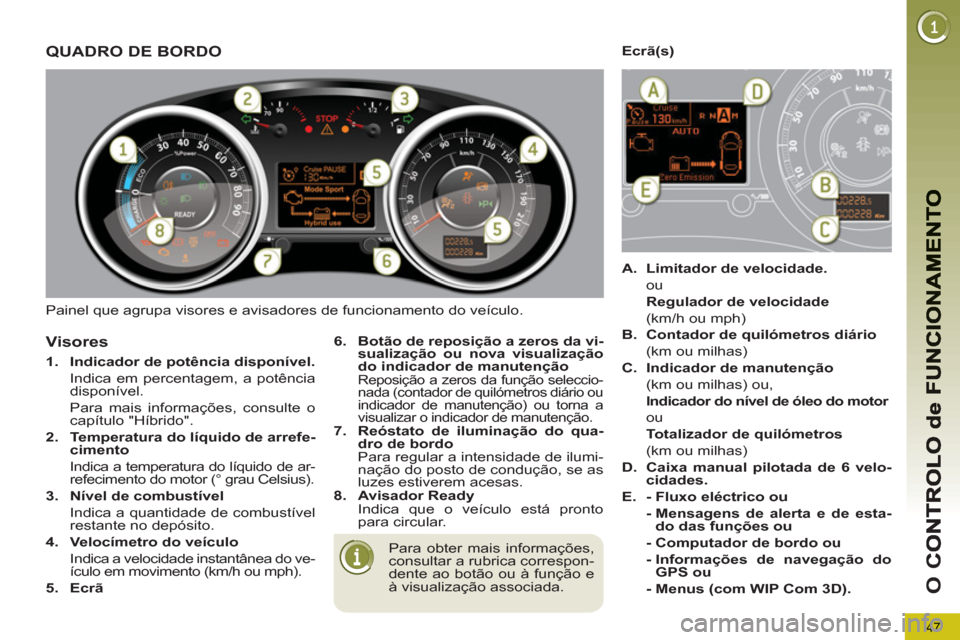 Peugeot 3008 Hybrid 4 2012 Manual do proprietário (in Portuguese) 47
O
C
Painel que agrupa visores e avisadores de funcionamento do veículo.
QUADRO DE BORDO
Para obter mais informações,
consultar a rubrica correspon-
dente ao botão ou à função e
à Peugeot 3008 Hybrid 4 2012 Manual do proprietário (in Portuguese) 47
O
C
Painel que agrupa visores e avisadores de funcionamento do veículo.
QUADRO DE BORDO
Para obter mais informações,
consultar a rubrica correspon-
dente ao botão ou à função e
à