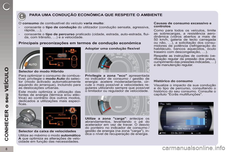 Peugeot 3008 Hybrid 4 2012  Manual do proprietário (in Portuguese) 8
CO
PARA UMA CONDUÇÃO ECONÓMICA QUE RESPEITE O AMBIENTE 
   
Principais preconizações em termos de condução económica
 
 
Selector da caixa de velocidades 
  Utilize ao máximo o modo  autom