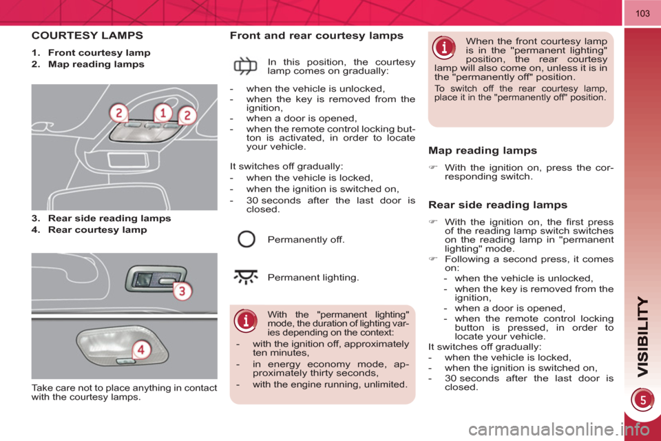 Peugeot 3008 Hybrid 4 2011  Owners Manual 103
COURTESY LAMPS 
   
 
1. 
  Front courtesy lamp 
 
   
2. 
  Map reading lamps 
 
   
3. 
  Rear side reading lamps 
 
   
4. 
  Rear courtesy lamp 
 
 
 
 Front and rear courtesy lamps
 
In this 