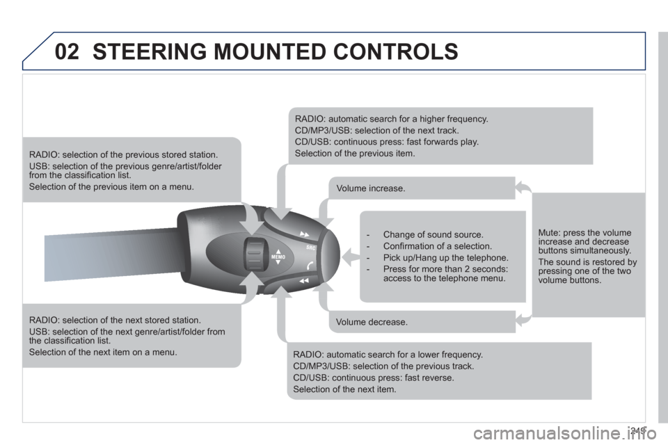 Peugeot 3008 Hybrid 4 2011  Owners Manual 249
02STEERING MOUNTED CONTROLS 
   
RADIO: selection of the next stored station. 
 
USB: selection of the next genre/artist/folder from the classiﬁ cation list.
 Selection of the next item on a men