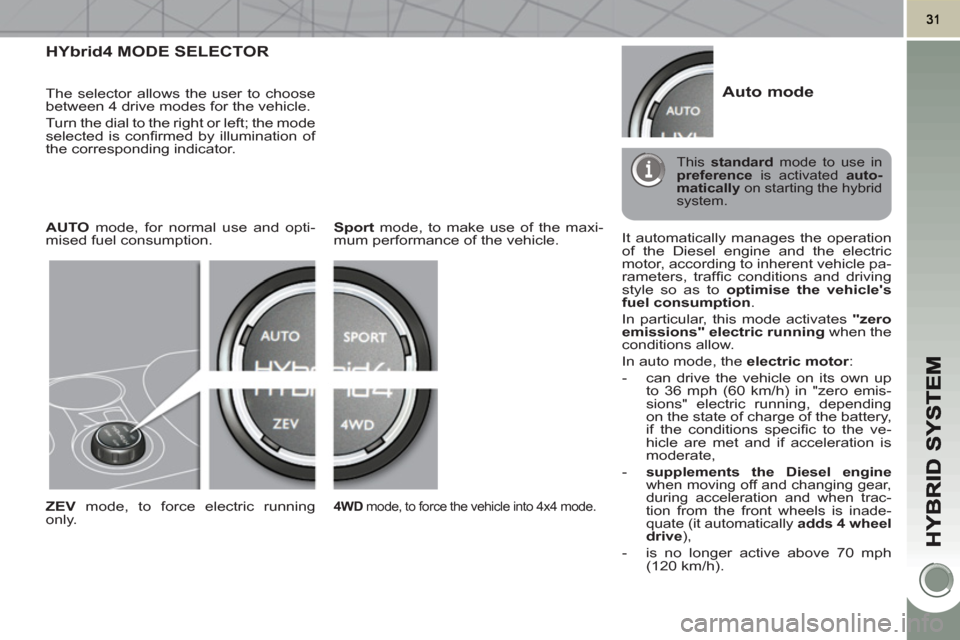 Peugeot 3008 Hybrid 4 2011 Owners Manual HYbrid4 MODE SELECTOR
The selector allows the user to choose
between 4 drive modes for the vehicle.
Turn the dial to the right or left; the mode
selected is confi rmed by illumination of
th Peugeot 3008 Hybrid 4 2011 Owners Manual HYbrid4 MODE SELECTOR
The selector allows the user to choose
between 4 drive modes for the vehicle.
Turn the dial to the right or left; the mode
selected is confi rmed by illumination of
th