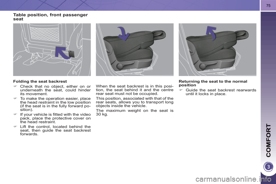 Peugeot 3008 Hybrid 4 2011  Owners Manual 75
   
Folding the seat backrest 
   
 
�) 
  Check that no object, either on or 
underneath the seat, could hinder 
its movement. 
   
�) 
  To make the operation easier, place 
the head restraint in