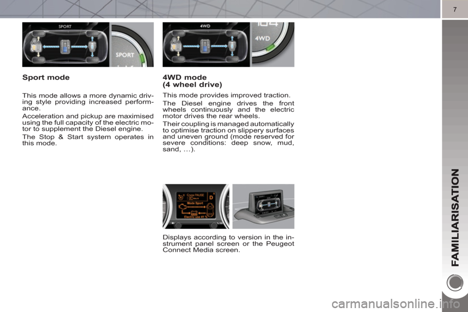 Peugeot 3008 Hybrid 4 2011  Owners Manual 7
   
Displays according to version in the in-
strument panel screen or the Peugeot 
Connect Media screen.  
     
This mode allows a more dynamic driv-
ing style providing increased perform-
ance. 
 