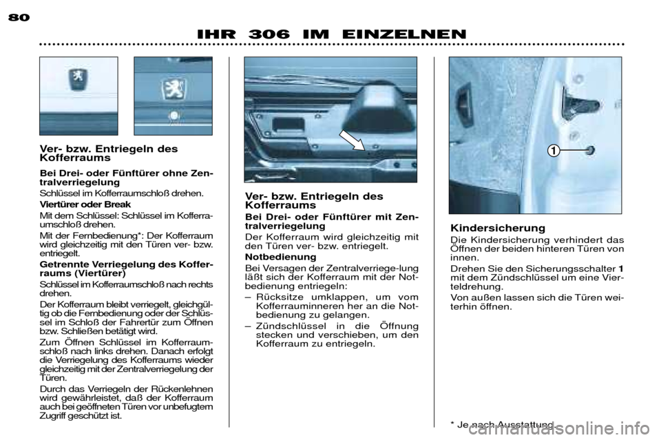 Peugeot 306 Break 2002 Betriebsanleitung (in German) 80
IHR 306 IM EINZELNEN
Ver- bzw. Entriegeln des Kofferraums Bei Drei- oder FŸnftŸrer ohne Zen- tralverriegelung
SchlŸssel im Kofferraumschlo§ drehen.
ViertŸrer oder Break
Mit dem SchlŸssel Peugeot 306 Break 2002 Betriebsanleitung (in German) 80
IHR 306 IM EINZELNEN
Ver- bzw. Entriegeln des Kofferraums Bei Drei- oder FŸnftŸrer ohne Zen- tralverriegelung
SchlŸssel im Kofferraumschlo§ drehen.
ViertŸrer oder Break
Mit dem SchlŸssel