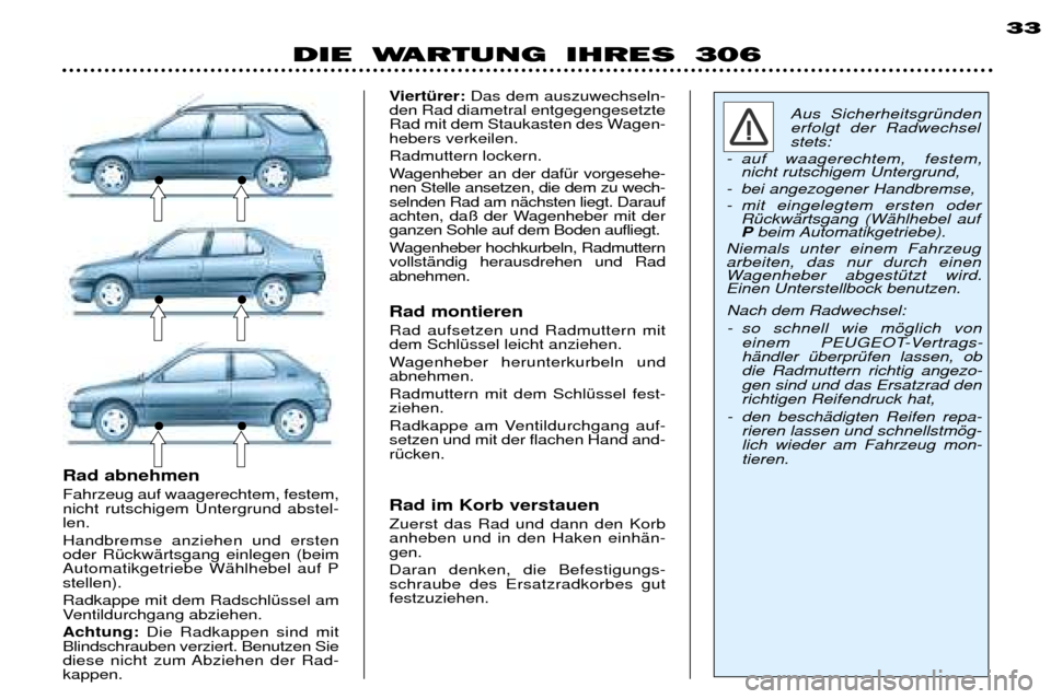 Peugeot 306 Break 2002 Betriebsanleitung (in German) DIE WARTUNG IHRES 30633
Aus SicherheitsgrŸnden erfolgt der Radwechselstets:
- auf waagerechtem, festem, nicht rutschigem Untergrund,
- bei angezogener Handbremse,
- mit eingelegtem ersten oder RŸc Peugeot 306 Break 2002 Betriebsanleitung (in German) DIE WARTUNG IHRES 30633
Aus SicherheitsgrŸnden erfolgt der Radwechselstets:
- auf waagerechtem, festem, nicht rutschigem Untergrund,
- bei angezogener Handbremse,
- mit eingelegtem ersten oder RŸc