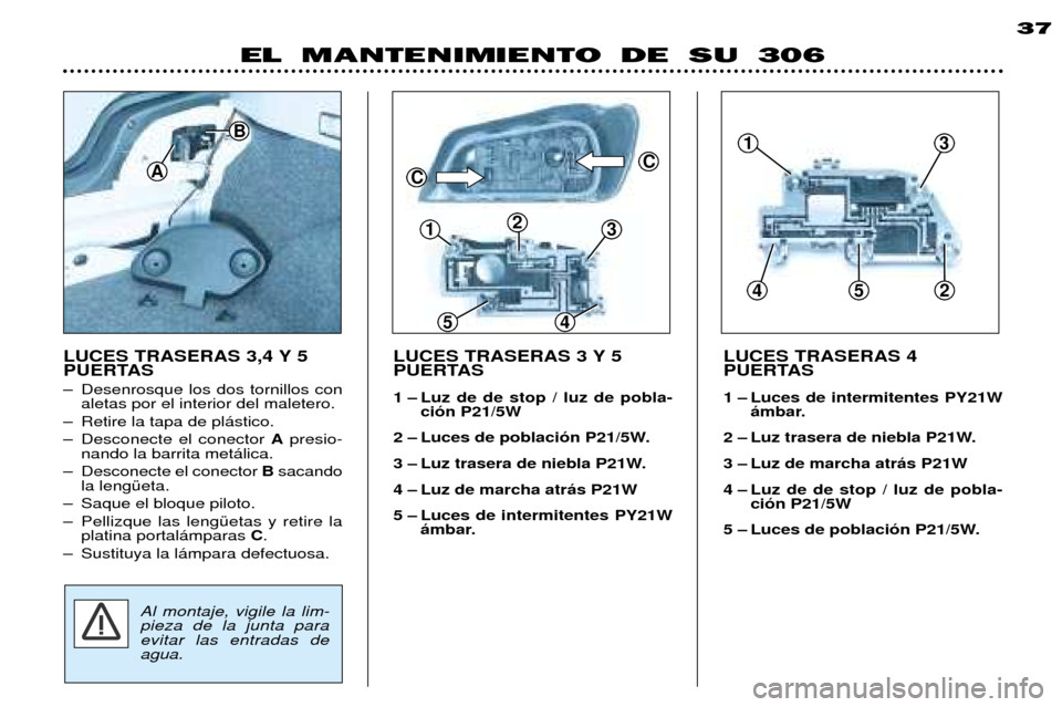 Peugeot 306 Break 2002  Manual del propietario (in Spanish) EL MANTENIMIENTO DE SU 30637
LUCES TRASERAS 3 Y 5 
PUERTAS 
1 Ð Luz de de stop / luz de pobla- ci—n P21/5W
2 Ð Luces de poblaci—n P21/5W. 
3 Ð Luz trasera de niebla P21W.
4 Ð Luz de marcha atr