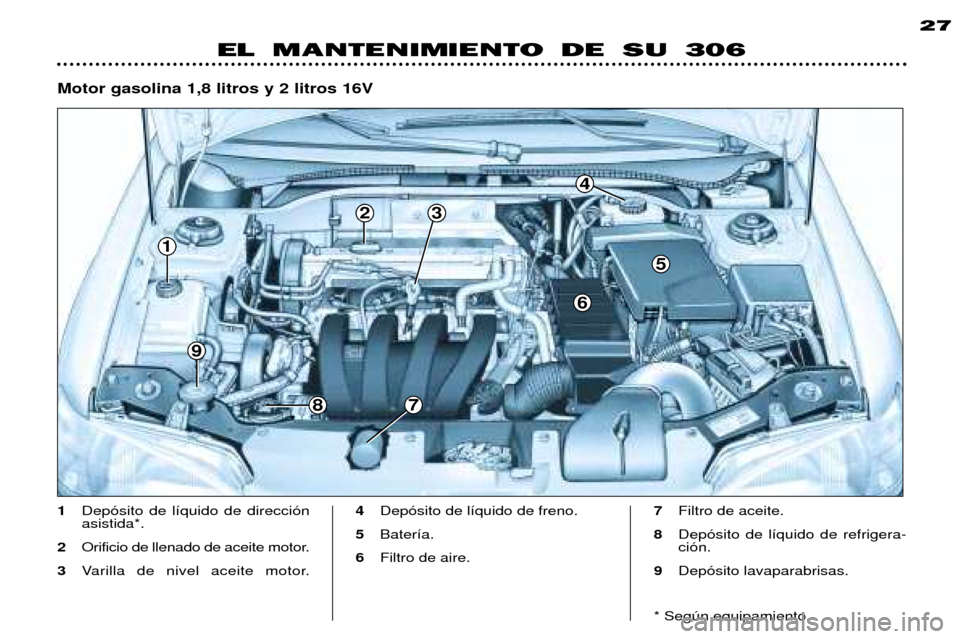 Peugeot 306 Break 2002  Manual del propietario (in Spanish) 1
9
7
6
5
4
8
23
Motor gasolina 1,8 litros y 2 litros 16V
27
E
L MANTENIMIENTO DE SU 306
1 Dep—sito de l’quido de direcci—n asistida*.
2 Orificio de llenado de aceite motor.
3 Varilla de nivel a