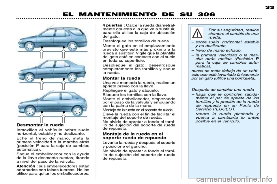 Peugeot 306 Break 2002  Manual del propietario (in Spanish) EL MANTENIMIENTO DE SU 30633
Por su seguridad, realice siempre el cambio de unarueda: 
Ð sobre suelo  horizontal, estable y no deslizante,
Ð freno de mano echado, 
Ð la primera velocidad o la mar- 