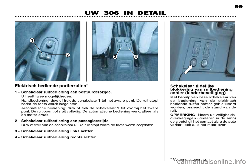 Peugeot 306 Break 2002 Handleiding (in Dutch) 1
234
99
UW 306 IN DETAIL
Elektrisch bediende portierruiten*
1 - Schakelaar ruitbediening aan bestuurderszijde. U heeft twee mogelijkheden: Handbediening: duw of trek de schakelaar 1tot het zware pu Peugeot 306 Break 2002 Handleiding (in Dutch) 1
234
99
UW 306 IN DETAIL
Elektrisch bediende portierruiten*
1 - Schakelaar ruitbediening aan bestuurderszijde. U heeft twee mogelijkheden: Handbediening: duw of trek de schakelaar 1tot het zware pu
