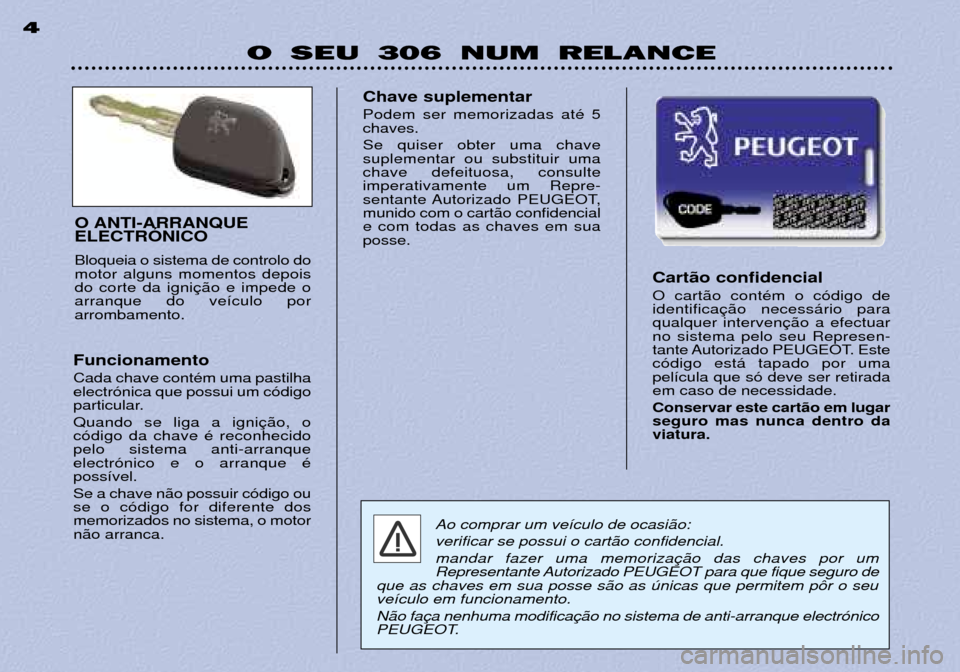Peugeot 306 Break 2002 Manual do proprietário (in Portuguese) O SEU 306 NUM RELANCE
4
Cart‹o confidencial O cart‹o contŽm o c—digo de identificaqualquer intervenno sistema pelo seu Represen-
tante Autorizado PEUGEOT. Estec—digo est‡ tapado por umapel Peugeot 306 Break 2002 Manual do proprietário (in Portuguese) O SEU 306 NUM RELANCE
4
Cart‹o confidencial O cart‹o contŽm o c—digo de identificaqualquer intervenno sistema pelo seu Represen-
tante Autorizado PEUGEOT. Estec—digo est‡ tapado por umapel