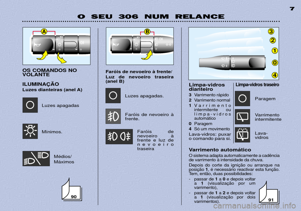 Peugeot 306 Break 2002  Manual do proprietário (in Portuguese) 3
2
1
0
4
AB
O SEU 306 NUM RELANCE7
Varrimento autom‡tico
O sistema adapta automaticamente a cad de varrimento ˆ intensidade da chuva. Depois do corte da igni posi
1, Ž necess‡rio reactivar esta