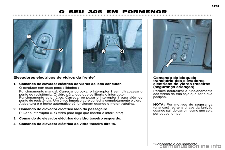 Peugeot 306 Break 2002  Manual do proprietário (in Portuguese) 1
234
99
O SEU 306 EM PORMENOR
Elevadores elŽctricos de vidros da frente* 
1. Comando de elevador elŽctrico de vidros do lado condutor.O condutor tem duas possibilidades : Funcionamento manual: Carr