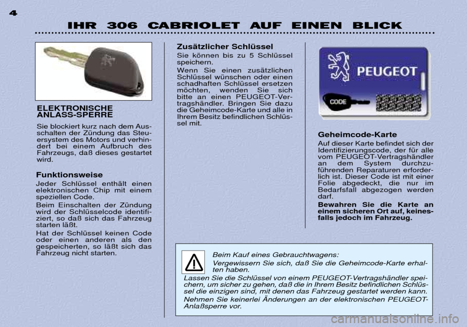 Peugeot 306 C 2001 Betriebsanleitung (in German) IHR 306 CABRIOLET AUF EINEN BLICK
4
Geheimcode-Karte Auf dieser Karte befindet sich der Identifizierungscode, der fŸr alle
vom PEUGEOT-VertragshŠndleran dem System durchzu-fŸhrenden Reparatur Peugeot 306 C 2001 Betriebsanleitung (in German) IHR 306 CABRIOLET AUF EINEN BLICK
4
Geheimcode-Karte Auf dieser Karte befindet sich der Identifizierungscode, der fŸr alle
vom PEUGEOT-VertragshŠndleran dem System durchzu-fŸhrenden Reparatur