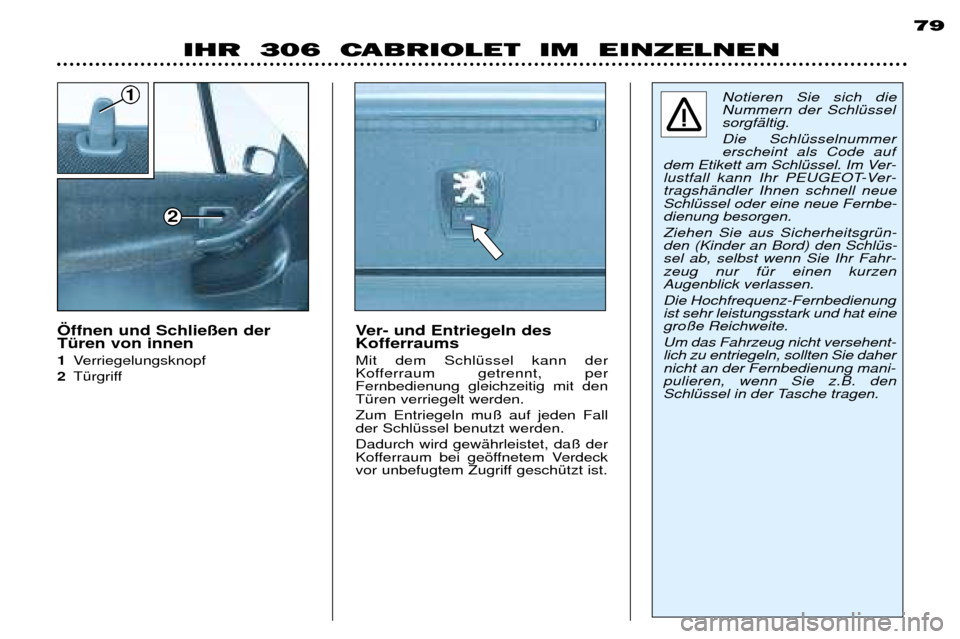 Peugeot 306 C 2001 Betriebsanleitung (in German) 1
2
79
IHR 306 CABRIOLET IM EINZELNEN
Ver- und Entriegeln des Kofferraums Mit dem SchlŸssel kann der
Kofferraum getrennt, perFernbedienung gleichzeitig mit denTŸren verriegelt werden. Zum Entr Peugeot 306 C 2001 Betriebsanleitung (in German) 1
2
79
IHR 306 CABRIOLET IM EINZELNEN
Ver- und Entriegeln des Kofferraums Mit dem SchlŸssel kann der
Kofferraum getrennt, perFernbedienung gleichzeitig mit denTŸren verriegelt werden. Zum Entr