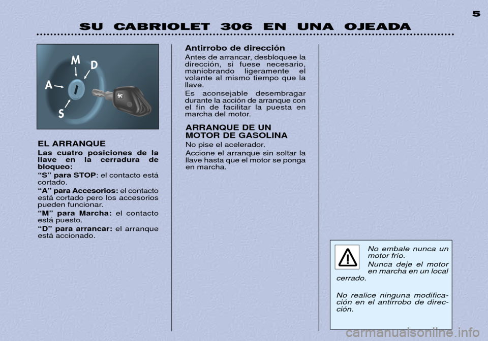 Peugeot 306 C 2001  Manual del propietario (in Spanish) SU  CABRIOLET  306  EN  UNA  OJEADA5
EL ARRANQUE  Las cuatro posiciones de la llave en la cerradura debloqueo: 
ÒSÓ para STOP : el contacto est‡
cortado.
ÒAÓ para Accesorios: el contacto
est‡ 