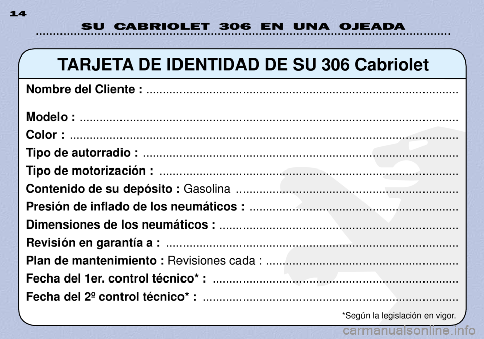 Peugeot 306 C 2001  Manual del propietario (in Spanish) SU CABRIOLET 306 EN UNA OJEADA
14
TARJETA DE IDENTIDAD DE SU 306 Cabriolet
Nombre del Cliente :  ..............................................................................................
Modelo :