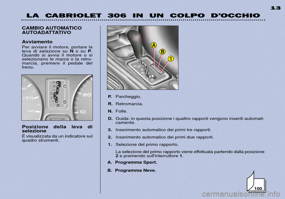 Peugeot 306 C 2001  Manuale del proprietario (in Italian) 100
1
B
A
LA  CABRIOLET  306  IN  UN  COLPO  D’OCCHIO13
CAMBIO AUTOMATICO 
AUTOADATTATIVO
P.Parcheggio.
R. Retromarcia.
N. Folle.
D. Guida: in questa posizione i quattro rapporti vengono inseriti au